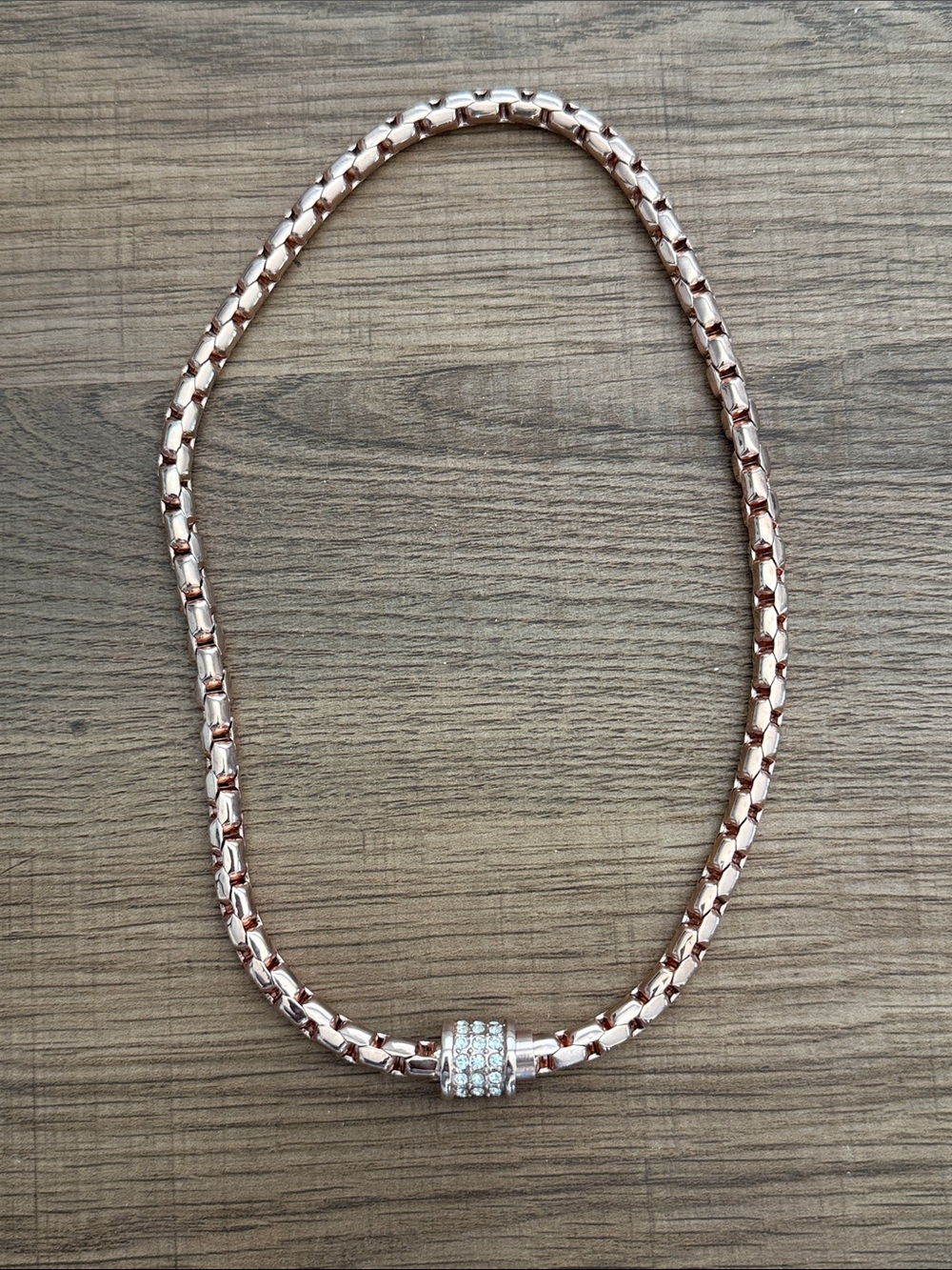Rose Gold Tone Chain Necklace with Rhinestone Barrel
